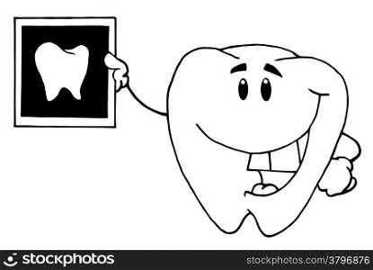 Outlined Tooth Cartoon Character With X-ray Picture