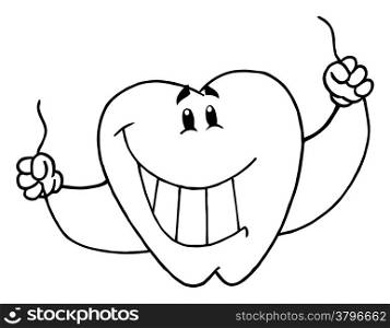 Outlined Tooth Cartoon Mascot Character With Floss