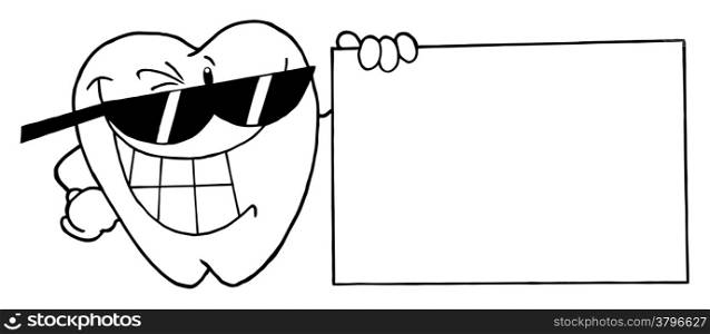 Outlined Tooth Character Presenting A Blank Sign