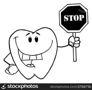 Outlined Tooth Character Smiling And Holding A Stop Sign