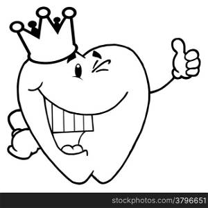 Outlined Tooth Character Wearing A Crown And Giving The Thumbs Up