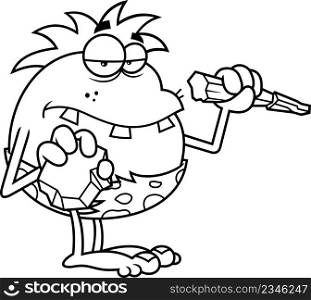 Outlined Toothy Caveman Cartoon Character Ready To Writing. Vector Hand Drawn Illustration Isolated On White Background