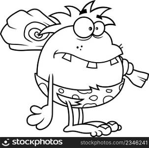Outlined Toothy Caveman Cartoon Character With Club On His Shoulder. Vector Hand Drawn Illustration Isolated On White Background
