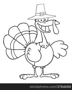 Outlined Turkey Cartoon Character With Pilgrim Hat