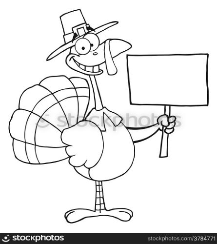Outlined Turkey With Pilgrim Hat Holding A Blank Sign