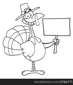 Outlined Turkey With Pilgrim Hat Holding A Blank Sign