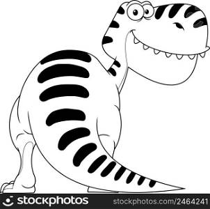 Outlined Tyrannosaurus Rex Dinosaur Cartoon Character. Vector Hand Drawn Illustration Isolated On White Background