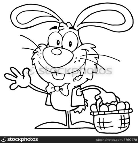 Outlined Waving Bunny With Easter Eggs And Basket