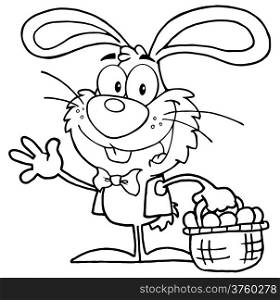 Outlined Waving Bunny With Easter Eggs And Basket