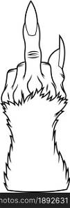 Outlined Werewolf Hand Showing Middle Finger. Cartoon Vector Hand Drawn Illustration Isolated On White Background