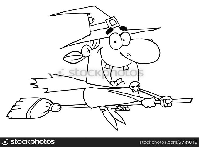 Outlined Wicked Halloween Witch Flying