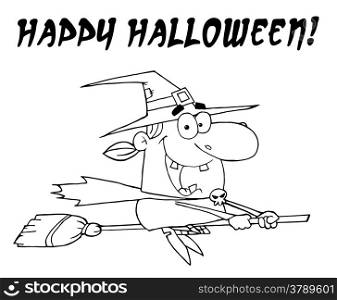 Outlined Wicked Halloween Witch Flying With Text Happy Halloween