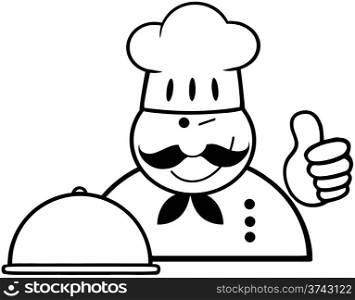 Outlined Winked Chef Logo With Platter Showing Thumbs Up