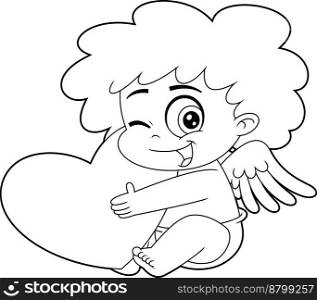 Outlined Winking Cupid Baby Cartoon Character Holding Heart. Vector Hand Drawn Illustration Isolated On Transparent Background