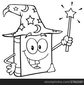 Outlined Wizard Book Cartoon Character Holding A Magic Wand