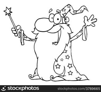 Outlined Wizard Waving And Cape Holding A Magic Wand