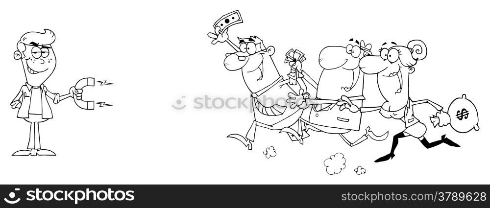 Outlined Young Businessman Using A Magnet Attracts People With Money