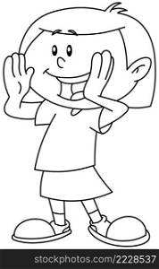 Outlined young girl calling someone circling her hands around her mouth, Vector line art illustration coloring page.