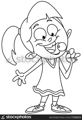 Outlined young girl licking a lollipop. Vector line art illustration coloring page.