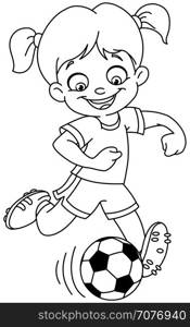 Outlined young girl playing soccer. Vector line art illustration coloring page.