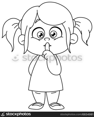 Outlined young girl with finger on lips making the silence sign. Vector line art illustration coloring page.