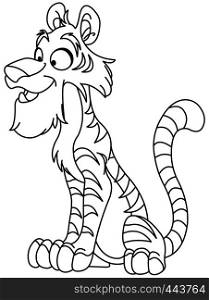 Outlined young tiger. Vector line art illustration coloring page.