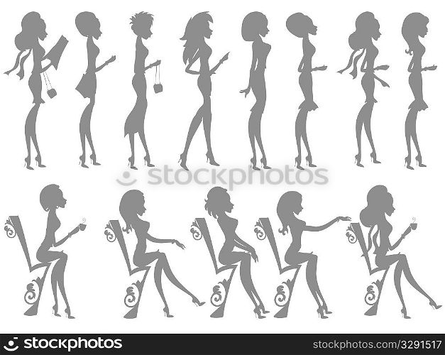 Outlines of fashionable women standing and sitting