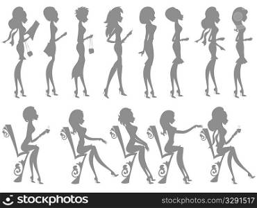 Outlines of fashionable women standing and sitting