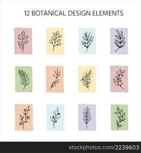 Outlines of various leaves, twigs, herbs, plants on colour spots backgrounds. Organic, natural, eco symbols. Sketchy decorative design element collection. Simple hand drawn sketches of various fantasy leaves, twigs, herbs, plants. Set of romantic doodles
