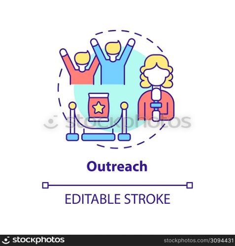 Outreach concept icon. Boosting brand reputation. Service of PR firm abstract idea thin line illustration. Isolated outline drawing. Editable stroke. Arial, Myriad Pro-Bold fonts used. Outreach concept icon