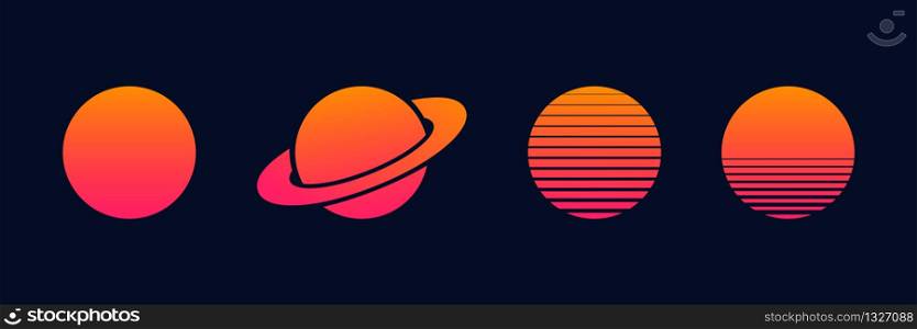 Outrun sun set vector planets isolated for decoration design. Futuristic design illustration. Summer vector illustration. Disco design. Vintage 1980s music illustration. EPS 10
