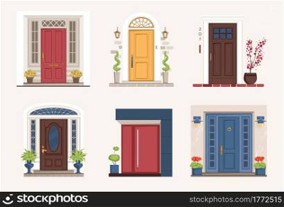 Outside doors. Cartoon residential houses entrances with doorsteps. Modern exterior architectural elements. Isolated home porches with potted plants. Buildings facades mockup. Vector doorways set.. Outside doors. Cartoon residential houses entrances with doorsteps. Exterior architectural elements. Home porches with potted plants. Buildings facades mockup. Vector doorways set.
