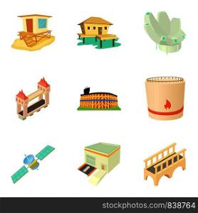 Outskirt icons set. Cartoon set of 9 outskirt vector icons for web isolated on white background. Outskirt icons set, cartoon style