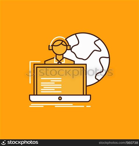 outsource, outsourcing, allocation, human, online Flat Line Filled Icon. Beautiful Logo button over yellow background for UI and UX, website or mobile application. Vector EPS10 Abstract Template background
