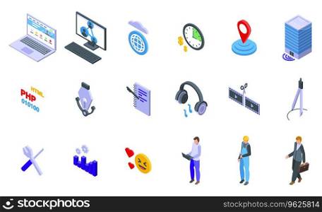 Outsourcing icons set isometric vector. Network team. Office finance. Outsourcing icons set isometric vector. Network team