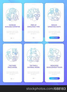 Outsourcing practice blue gradient onboarding mobile app screen set. Walkthrough 3 steps graphic instructions with linear concepts. UI, UX, GUI template. Myriad Pro-Bold, Regular fonts used. Outsourcing practice blue gradient onboarding mobile app screen set