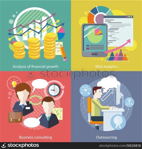 Outsourcing web analytics. Analysis financial growth. Business consulting, statistic and strategy, consultant and research, marketing optimization illustration in flat design
