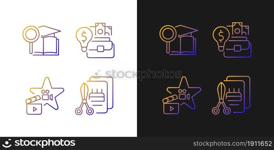 Outstanding aptitude gradient icons set for dark and light mode. Gifted actor and craftsman. Thin line contour symbols bundle. Isolated vector outline illustrations collection on black and white. Outstanding aptitude gradient icons set for dark and light mode