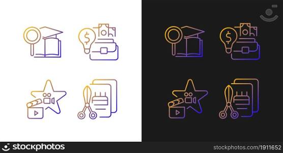 Outstanding aptitude gradient icons set for dark and light mode. Gifted actor and craftsman. Thin line contour symbols bundle. Isolated vector outline illustrations collection on black and white. Outstanding aptitude gradient icons set for dark and light mode