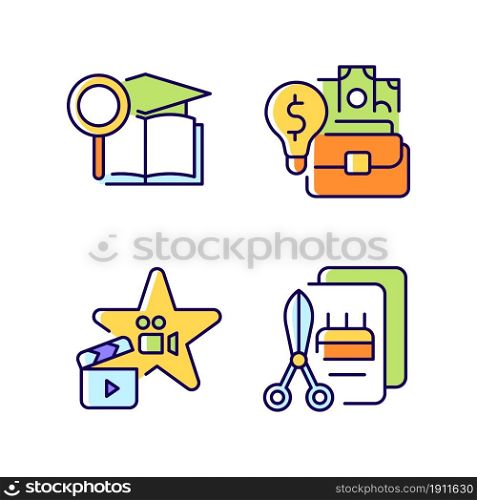Outstanding aptitude RGB color icons set. Gifted actor and craftsman. Academic researcher. Talented businessman. Isolated vector illustrations. Simple filled line drawings collection. Outstanding aptitude RGB color icons set