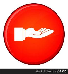 Outstretched hand gesture icon in red circle isolated on white background vector illustration. Outstretched hand gesture icon, flat style