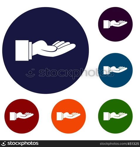 Outstretched hand gesture icons set in flat circle reb, blue and green color for web. Outstretched hand gesture icons set