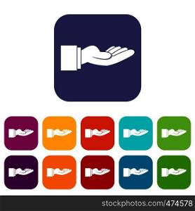 Outstretched hand gesture icons set vector illustration in flat style In colors red, blue, green and other. Outstretched hand gesture icons set