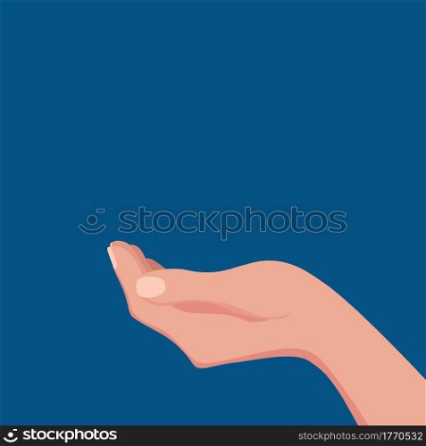 Outstretched human hand colorful vector illustration. Cartoon concept of gesture open empty horizontal palm. Isolated close up template sign for asking, showing, donation, support, help design. Outstretched human hand colorful vector illustration.
