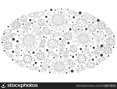 Oval Coloring of design elements. Set of cartoon microbes in hand draw style. Coronavirus, viruses, bacteria, microorganisms. Monochrome medical illustrations. Coloring pages, black and white