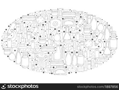Oval Coloring vector illustration. Laboratory assistant doctor tools set in hand draw style. Analysis tools, virus search. Doctor&rsquo;s case, microscope, tools. Monochrome medical illustrations. Coloring pages, black and white