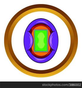 Oval football stadium vector icon in golden circle, cartoon style isolated on white background. Oval football stadium vector icon
