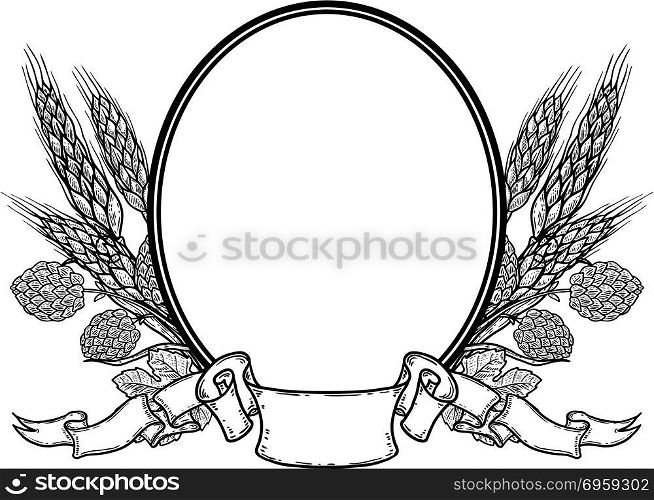 Oval frame with hand drawn hop and wheat. Beer label template. Vector image. Oval frame with hand drawn hop and wheat. Beer label template.