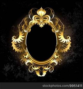 oval jewelry banner framed golden ornament, with a gold Fleur de Lis on a dark background.
