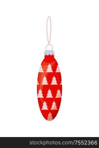 Oval red ball with pattern of trees and thread for hanging. Colorful single Christmas toy for decoration in realistic style isolated on white vector. Oval Red Ball with Pattern of Tree Vector Isolated